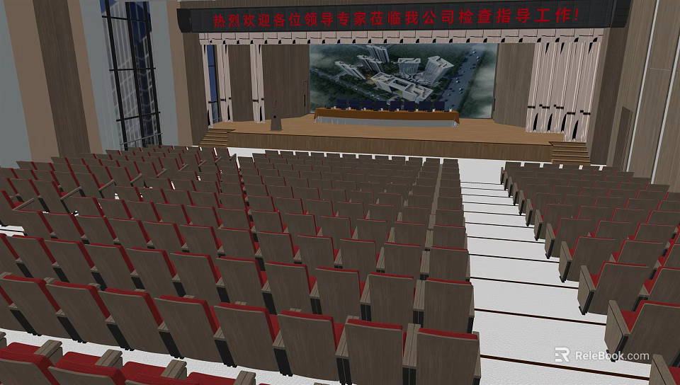 Spacious Conference Room With Large Seating Area Projection Screen And Stage Setup 3d model