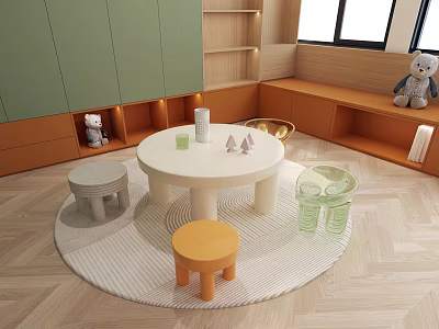 Playroom with Green Cabinets Open Shelves Round White Table Stuffed Toy Transparent Chairs and Rug 3d model