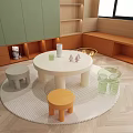 Playroom with Green Cabinets Open Shelves Round White Table Stuffed Toy Transparent Chairs and Rug