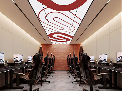 Modern Internet Cafe Interior Design With Red And White Wavy Ceiling And Leather Gaming Chairs 3d model