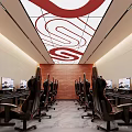 Modern Internet Cafe Interior Design With Red And White Wavy Ceiling And Leather Gaming Chairs