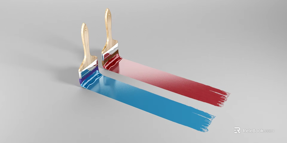 Two Household Paintbrushes With Wooden Handles And Red Blue Paint Strokes 3d model 