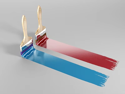 Two Household Paintbrushes With Wooden Handles And Red Blue Paint Strokes 3d model Two Household Paintbrushes With Wooden Handles And Red Blue Paint Strokes 3d model
