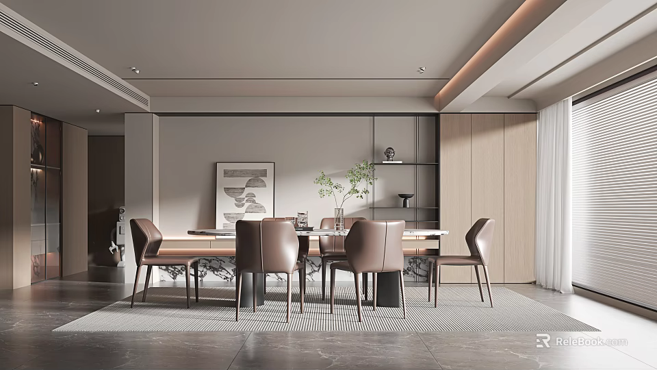 Modern Luxury Restaurant With Dining Table Chairs Wall Art Green Plants Wooden Cabinets Gray Flooring 3d model 