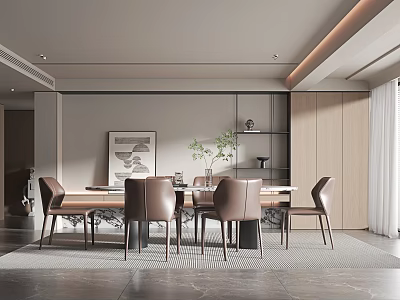 Modern Luxury Restaurant With Dining Table Chairs Wall Art Green Plants Wooden Cabinets Gray Flooring 3d model