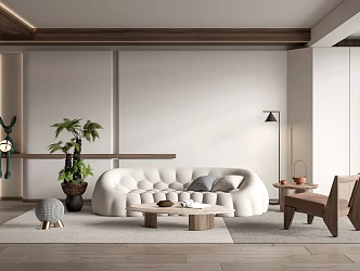 Quiet Living Room Sofa Tea Table Combination Rattan Leisure Chair Green Plant Potted Plant 3d model