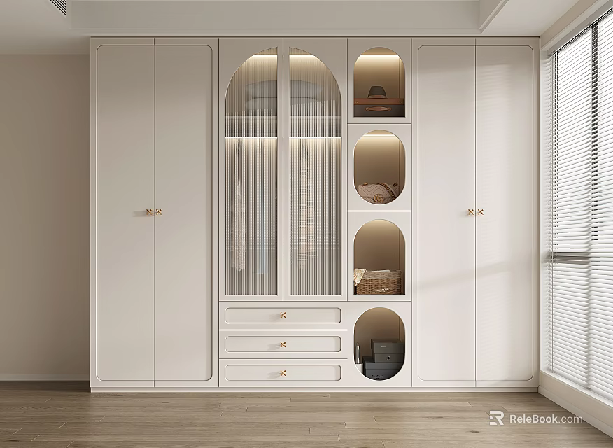 Modern White Wardrobe Featuring Glass Doors Drawers And Open Shelves 3d model 
