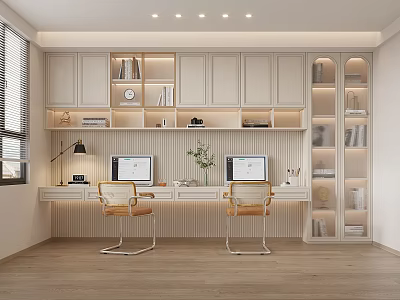 Modern Study Room Interior With Dual Desks Computers Chairs And Built In Bookshelves 3d model