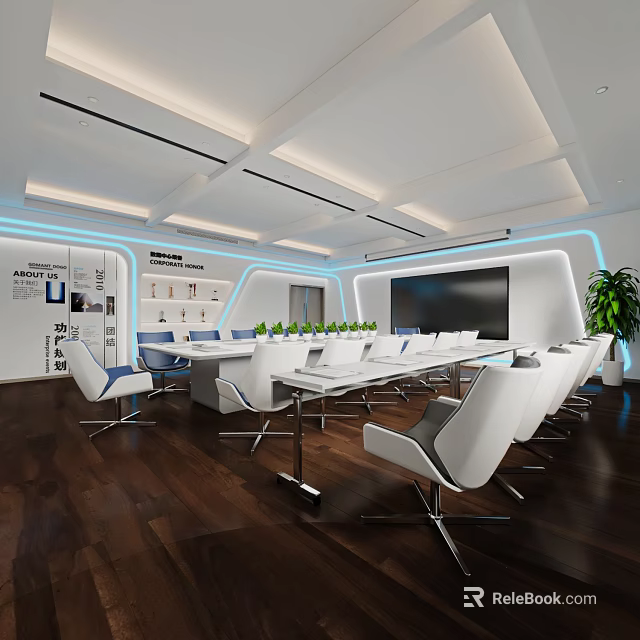 Modern Conference Room Interior Design With Long Table White Chairs Large Screen And Wooden Floor 3d model 