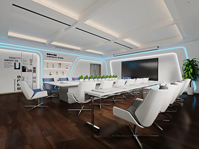 Modern Conference Room Interior Design With Long Table White Chairs Large Screen And Wooden Floor 3d model
