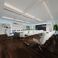 Modern Conference Room Interior Design With Long Table White Chairs Large Screen And Wooden Floor