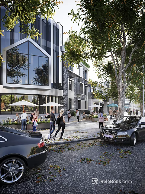 Vibrant Commercial Street With Modern Buildings Pedestrians Outdoor Seating Umbrellas Trees And Parked Cars 3d model 