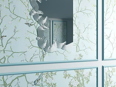Irregular Shaped Mirror With Wavy Edges On Light Blue Floral Bird Wallpaper Reflecting Room Interior 3d model