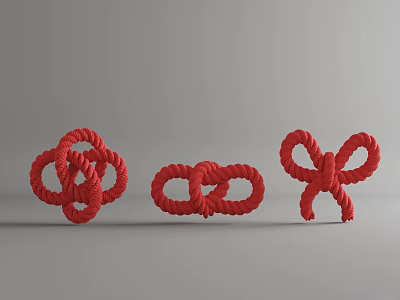 Red Rope Knots With Three Different Decorative Intricate Designs On Gray Background 3d model