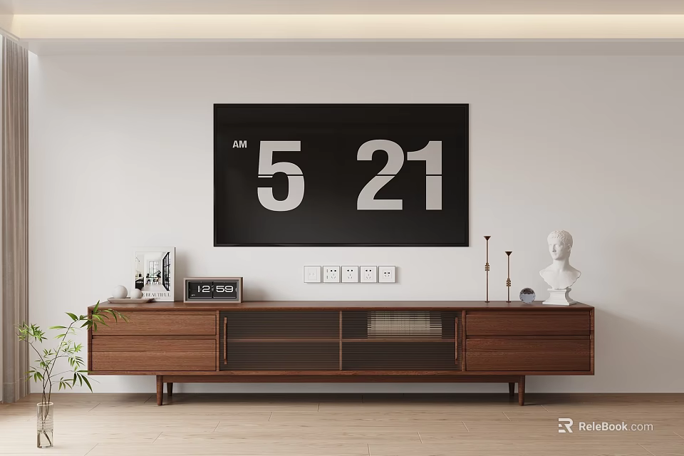 Modern Wooden TV Stand in Living Room With Decorative Items Photo Frames Sculpture And Plant 3d model 