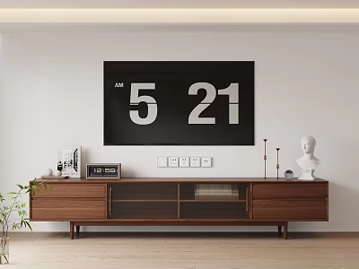 Modern Wooden TV Stand in Living Room With Decorative Items Photo Frames Sculpture And Plant 3d model