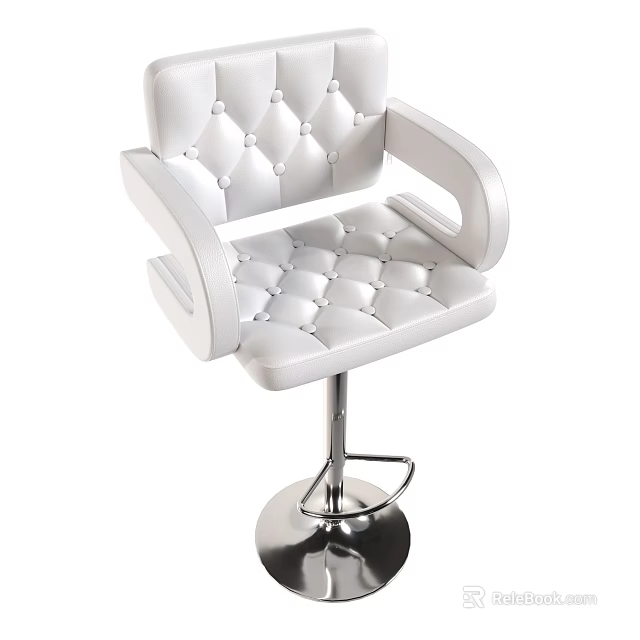Modern White Leather Tufted Bar Stool With Armrests And Metal Base 3d model 