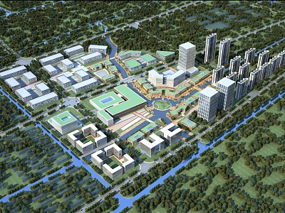 Aerial View Planning of Integrated Urban Development With Buildings Green Spaces and Waterways 3d model