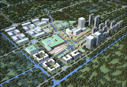 Aerial view of industrial park planning 3d model