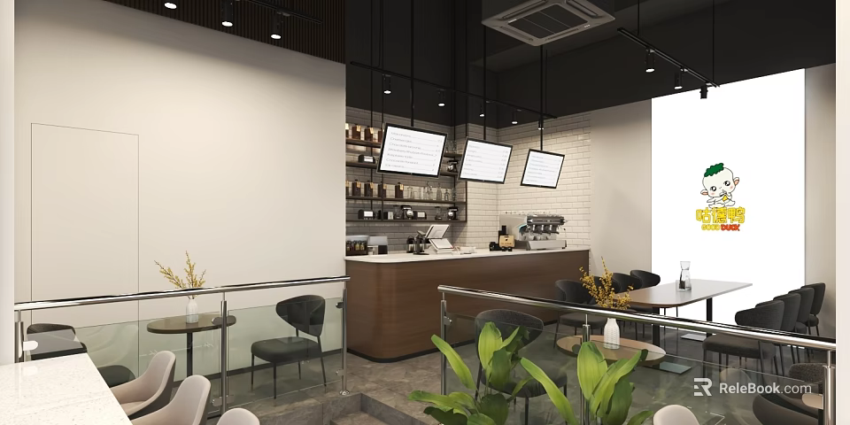 Cafe Facade Design With Wooden Counter Tables Chairs Green Plants And Hanging Screens 3d model 