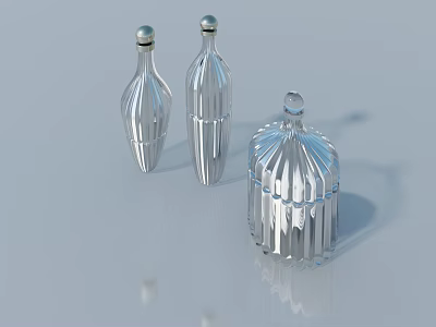 Transparent Glass Bottles With Striped Design And Silver Caps On Light Surface 3d model