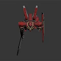 Red And Gold Mecha Model With Spear Sword And Reflection On Black Background