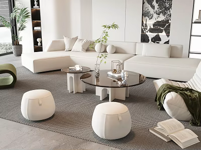 Modern L Shaped Sofa Coffee Table Set With Glass Top And White Ottomans 3d model