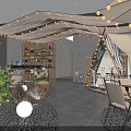 Cozy Restaurant Interior With String Lights Wooden Bar Counter Wine Rack And Decorative Plants