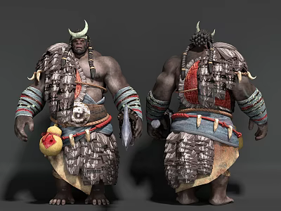 Mythical Warrior Game Character with Horns Scaled Armor Bandaged Arms Skull and Gourd Decorations 3d model