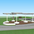 Modern Pergola With White Columns Surrounded By Trees Lawn And Pathway In Park Area