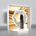 Facial Serum Showcased On White Hexagonal Display Stand With Golden Wave Background