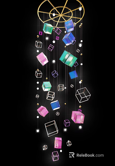 Colorful Geometric Cube Hanging Decorations With Pink Blue Green And Small Balls 3d model 