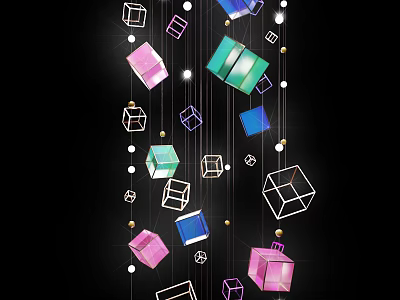 Colorful Geometric Cube Hanging Decorations With Pink Blue Green And Small Balls 3d model