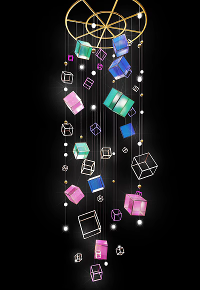 Colorful Geometric Cube Hanging Decorations With Pink Blue Green And Small Balls 3d model