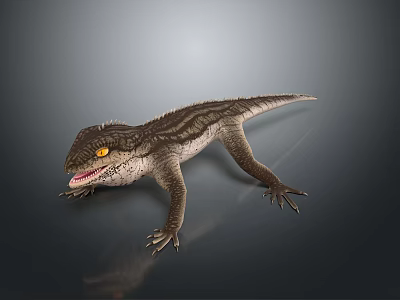 Reptile Lizard with Open Mouth and Yellow Eyes on Shiny Surface and Gray Background 3d model
