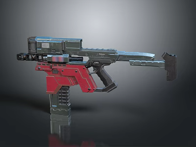 Futuristic Red Black Tactical Weapon With Mechanical Barrel Grip And Magazine Design 3d model
