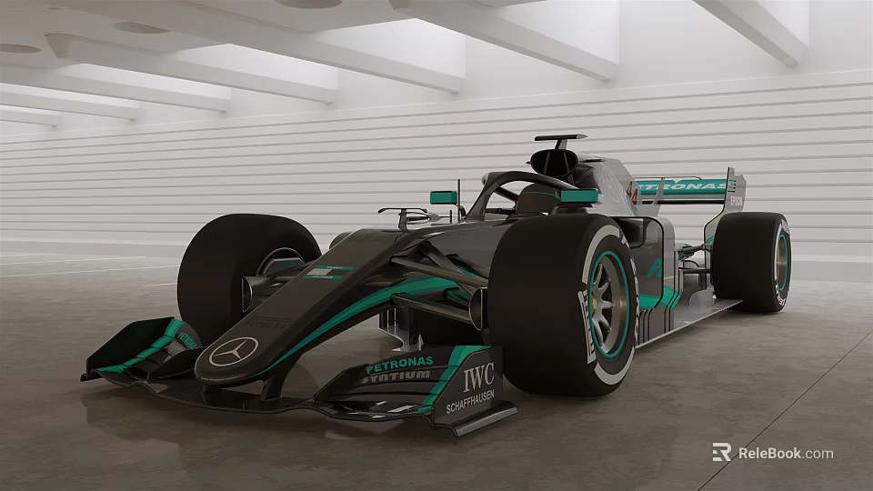 Mercedes Black Green Formula 1 Racing Car With PETRONAS TVS Logos In Modern Indoor Space 3d model 