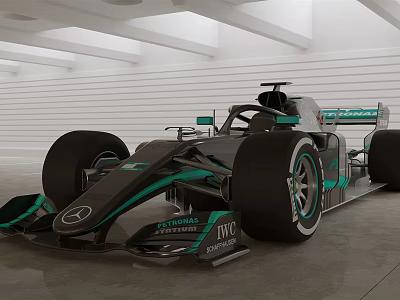 Mercedes Black Green Formula 1 Racing Car With PETRONAS TVS Logos In Modern Indoor Space 3d model