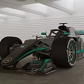 Mercedes Black Green Formula 1 Racing Car With PETRONAS TVS Logos In Modern Indoor Space