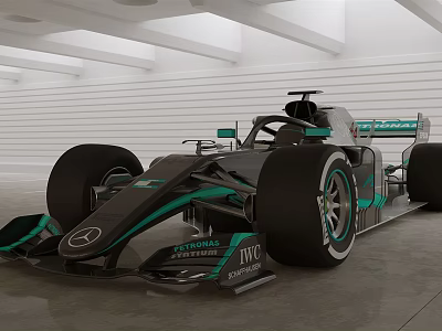 Mercedes Black Green Formula 1 Racing Car With PETRONAS TVS Logos In Modern Indoor Space 3d model