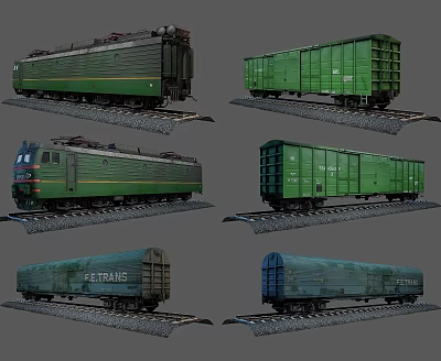 Vintage Green Train Locomotive And Multiple Freight Cars On Railway Tracks 3d model