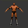 Shirtless Male Wrestler In Black Trunks With Wristbands And Checkered Boots On Gray Background