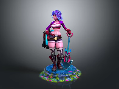 Game Movie Character With Purple Hair Wearing Shorts Holding Shovel On Glowing Decorative Base 3d model