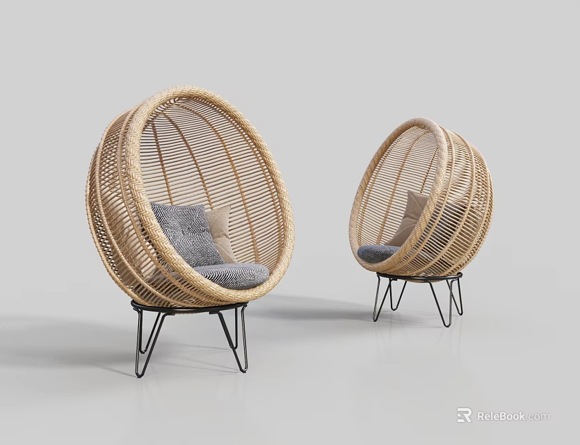Stylish Rattan Leisure Chairs With Round Design And Gray Cushions On Metal Legs 3d model 