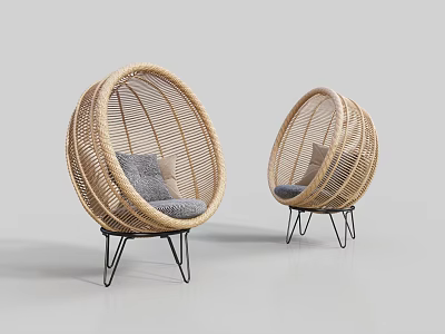 Stylish Rattan Leisure Chairs With Round Design And Gray Cushions On Metal Legs 3d model