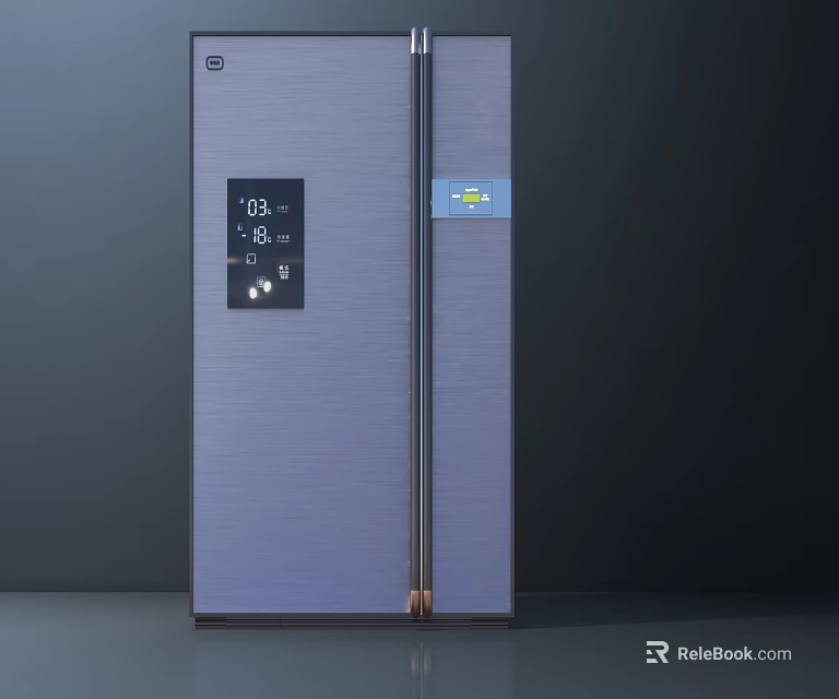 Double Door Refrigerator With Silver Brushed Finish Digital Display Showing Temperatures And Blue Label 3d model 