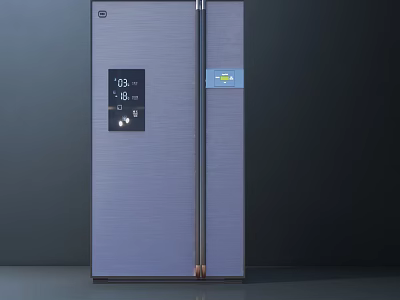 Double Door Refrigerator With Silver Brushed Finish Digital Display Showing Temperatures And Blue Label 3d model
