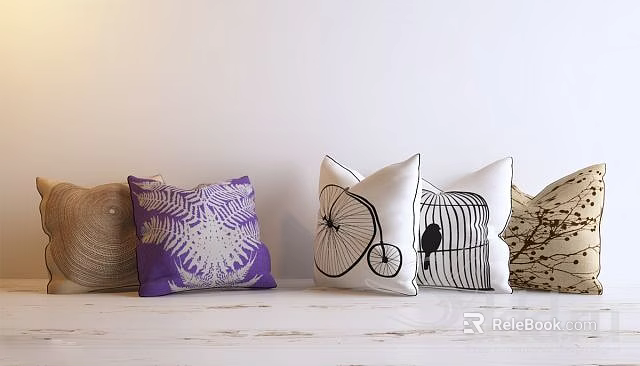Decorative Throw Pillows With Various Patterns Purple White Brown Bicycle Birdcage Designs 3d model