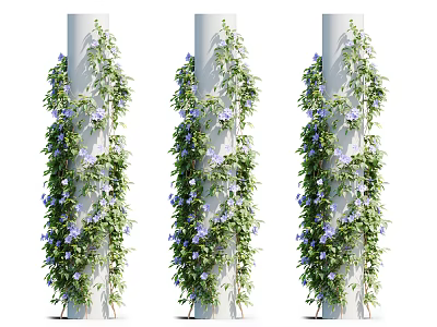 Decorative Vines Climbing on White Pillars with Green Leaves and Purple Flowers 3d model