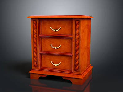 Wooden Bedside Table with Three Drawers Metal Handles and Side Carvings on Short Legs 3d model